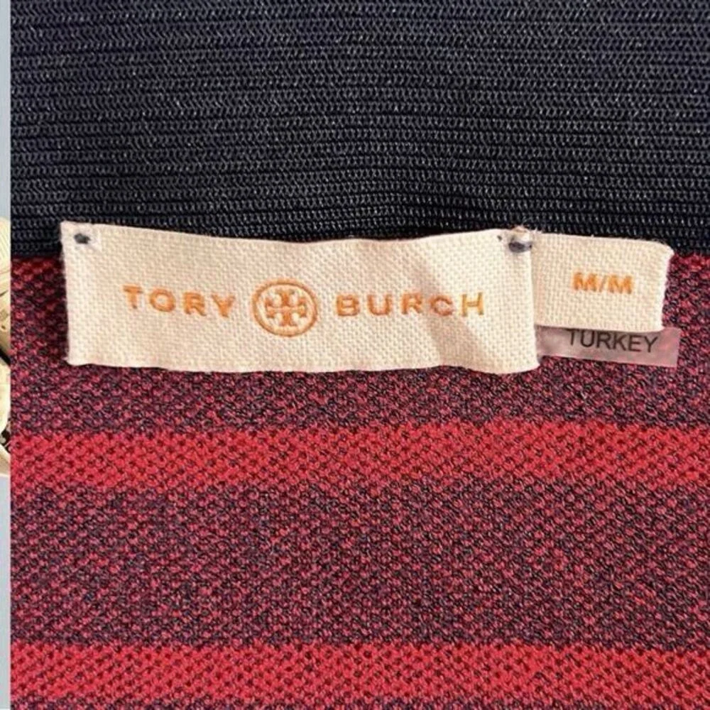 Tory Burch Anya‎ Knit Faux Wrap Medium Navy Blue Nantucket Red A-Line Midi Skirt